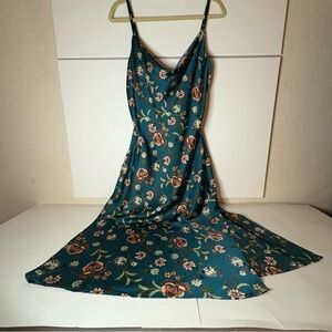 Inspired Hearts Teal Floral Flirty Soft Maxi Slip Dress Cowl Neck with Left Slit